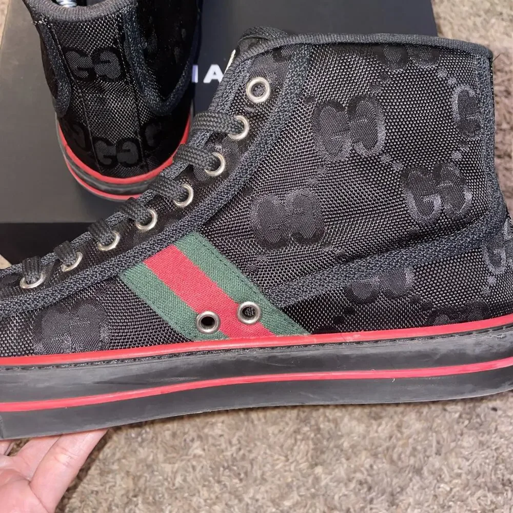 100% Authentic Gucci Tennis 1977 High Top GG Sneakers Black US M 9, W 10.5